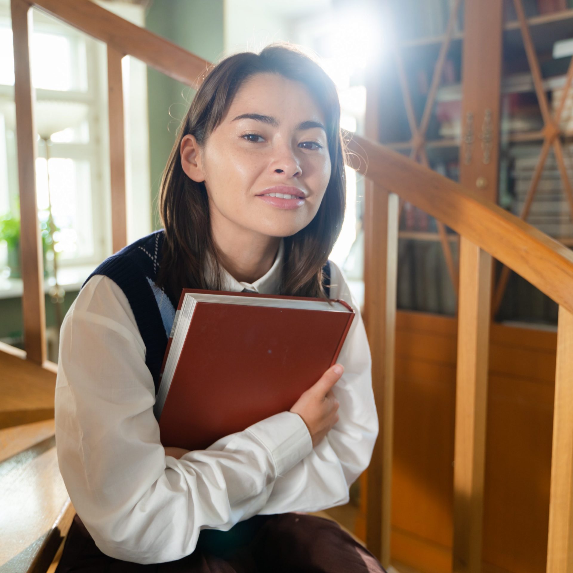 Girl holding book on stairs
